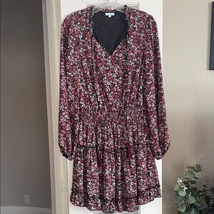 Voy Dress Small Pink Red Gold Floral Boho Smocked Waist Tassels Ruffle Lined